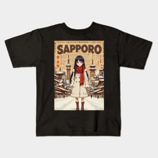 Anime Girl in a Snowy Japanese Cityscape Kids T-Shirt